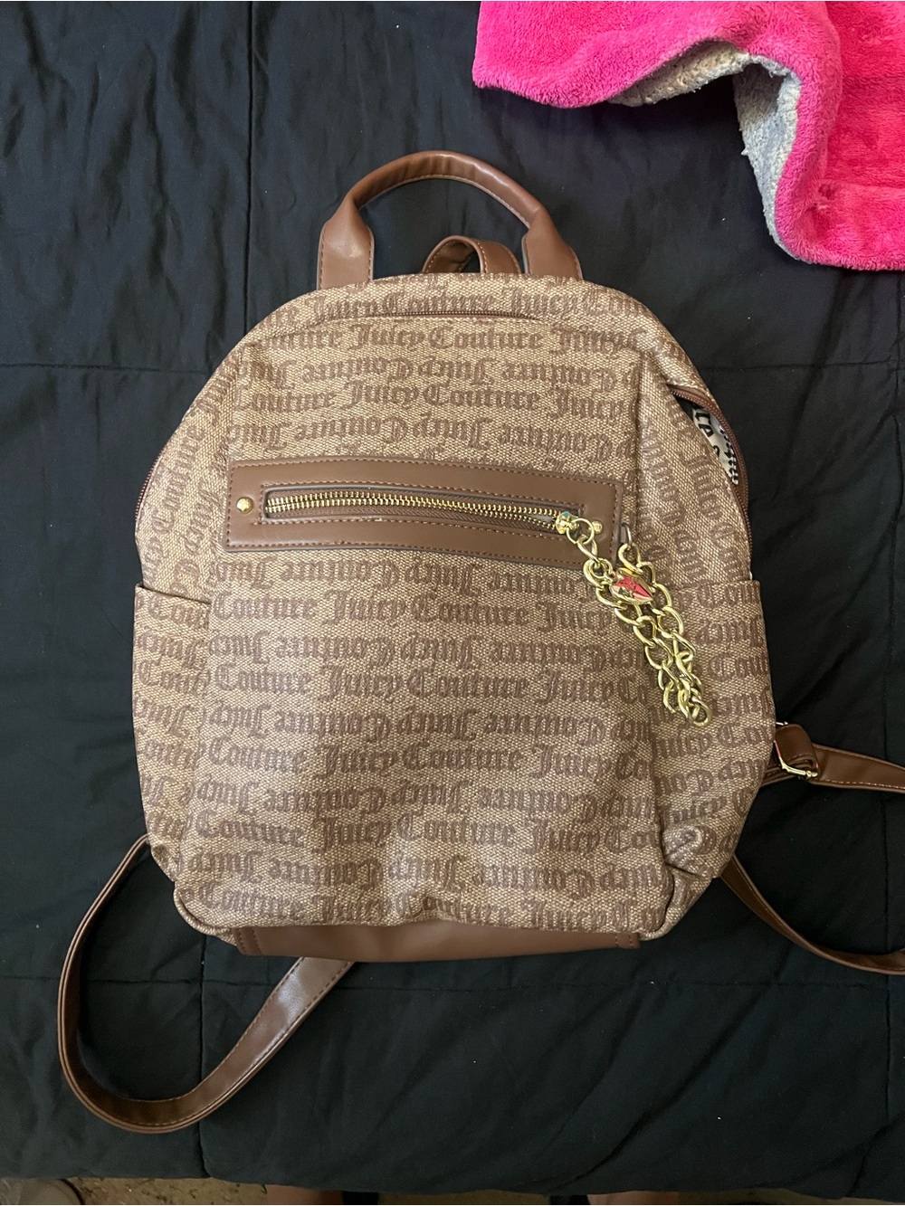 Juicy Couture Brown Monogram Backpack with Gold Chain Accent